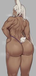 Rule 34 | 1girl, alternate eye color, animal ears, ass, back, back muscles, backboob, blush, boku no hero academia, breasts, chamchami, dark-skinned female, dark skin, female focus, grey background, hand on own hip, huge ass, leotard, long hair, looking at viewer, looking back, mirko, muscular, muscular female, open mouth, purple eyes, rabbit ears, rabbit girl, rabbit tail, see-through one-piece swimsuit, shiny skin, simple background, slingshot swimsuit, smile, solo, standing, sweat, swimsuit, teeth, thick thighs, thighs, thong, very long hair, white hair, wide hips