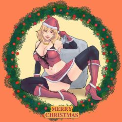 Rule 34 | :q, alva, blonde hair, boots, breasts, christmas, cleavage, hat, highres, large breasts, midriff, panties, purple eyes, santa costume, santa hat, solo, thighhighs, tongue, tongue out, underwear, zipper