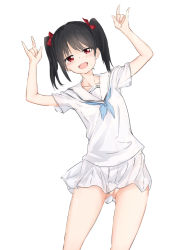 Rule 34 | 1girl, arms up, black hair, blue neckerchief, blush, bow, breasts, collarbone, double m/, hair bow, long hair, looking at viewer, love live!, love live! school idol project, m/, neckerchief, nico nico nii, nipples, no panties, open mouth, pussy, rakkuma, red eyes, see-through, see-through skirt, shirt, short sleeves, skirt, small breasts, smile, standing, twintails, white background, white shirt, white skirt, wind, wind lift, yazawa nico