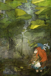 Rule 34 | 1girl, absurdres, barefoot, beret, blue hat, brown capelet, brown hair, capelet, commentary request, dress, from behind, green eyes, hakumei to mikochi, hat, highres, hiranko, holding, leaf, long hair, looking at viewer, looking back, mikochi (hakumei to mikochi), profile, short eyebrows, solo, standing, thick eyebrows, very long hair, white dress