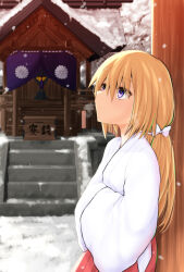 Rule 34 | 1girl, blonde hair, bow, breath, closed mouth, commentary request, hair between eyes, hair bow, hakama, hakama skirt, hands in opposite sleeves, highres, japanese clothes, kimono, long hair, original, purple eyes, red hakama, shrine, skirt, snow, snowing, solo, stairs, stone stairs, very long hair, watarui, white bow, white kimono
