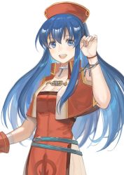 Rule 34 | 1girl, armor, blue eyes, blue hair, blush, cape, dress, fire emblem, fire emblem: the binding blade, hat, headband, jewelry, kyufe, lilina (fire emblem), long hair, looking at viewer, nintendo, open mouth, simple background, smile, solo, white background