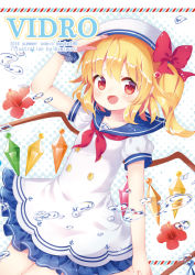 Rule 34 | 10s, 1girl, 2016, alternate costume, alternate headwear, arm up, artist name, blonde hair, blush, bubble, crystal, double-breasted, dress, dutch angle, english text, fangs, flandre scarlet, flower, hair ribbon, hat, looking at viewer, mimi (mimi puru), open mouth, pointy ears, puffy short sleeves, puffy sleeves, ribbon, sailor collar, sailor dress, sailor hat, salute, short dress, short hair, short sleeves, side ponytail, smile, solo, text focus, touhou, wings