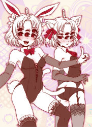 Rule 34 | 1girl, :d, animal ears, armpits, ascot, ass, back, bad id, bad pixiv id, bare shoulders, blush, bow, bowtie, breasts, brooch, bustier, butt crack, cat ears, cat tail, clothing cutout, covered navel, cross-laced clothes, detached sleeves, elbow gloves, extra eyes, fair-chan, fake animal ears, flower, freckles, frilled gloves, frilled thighhighs, frills, from behind, garter straps, gloves, hair bow, hair flower, hair ornament, index finger raised, jewelry, lace, lace-trimmed legwear, lace trim, leotard, looking at viewer, looking back, monochrome, monster girl, open mouth, original, outline, panties, partially colored, playboy bunny, popsicle stick, rabbit ears, rabbit girl, rabbit tail, red eyes, short hair, small breasts, smile, spot color, standing, strapless, sugiya manao, tail, tail through clothes, thighhighs, triangle mouth, underwear, unfair-chan