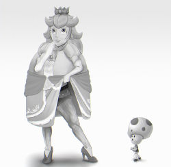 Rule 34 | 1girl, bare legs, blush, clothes lift, crown, dress, dress lift, earrings, elbow gloves, flashing, frilled dress, frills, gloves, hairy legs, high heels, highres, jewelry, legs, lifted by self, long hair, mario (series), monochrome, nintendo, open mouth, panties, princess, princess peach, puffy short sleeves, puffy sleeves, shoes, short sleeves, simple background, size difference, smile, standing, super mario bros. 1, surprised, toad (mario), underwear, what