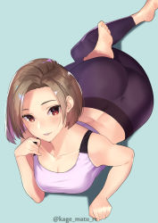 Rule 34 | 1girl, aqua background, ass, bare arms, bare shoulders, barefoot, blush, breasts, brown hair, cleavage, collarbone, crop top, forehead, full body, highres, kagematsuri, large breasts, looking at viewer, midriff, original, pants, pantylines, parted lips, purple shirt, red eyes, shadow, shirt, short hair, sidelocks, simple background, sleeveless, sleeveless shirt, smile, solo, tank top, track pants, twitter username