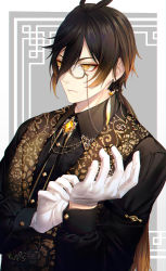 Rule 34 | 1boy, arm garter, bad id, bad pixiv id, brooch, brown hair, chain, chromatic aberration, collared shirt, diamond-shaped pupils, diamond (shape), earrings, eyeliner, formal, gem, genshin impact, glove pull, gloves, gradient hair, grey background, hair between eyes, highres, jewelry, kfr2 2, long hair, long sleeves, looking to the side, makeup, male focus, monocle, multicolored hair, open mouth, orange hair, ponytail, shirt, simple background, single earring, solo, symbol-shaped pupils, tassel, tassel earrings, vest, white background, white gloves, yellow eyes, zhongli (genshin impact)
