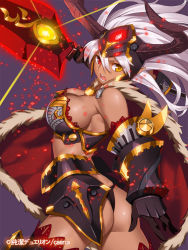 Rule 34 | 1girl, ass, breasts, cape, copyright name, dark skin, dark-skinned female, demon horns, gauntlets, helmet, heterochromia, horns, junketsu duelion, long hair, looking at viewer, open mouth, polearm, red eyes, solo, spear, thighhighs, translated, weapon, white hair, yangsion, yellow eyes
