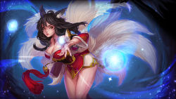 Rule 34 | 1girl, ahoge, ahri (league of legends), animal ears, bare shoulders, black hair, breasts, cleavage, detached sleeves, facial mark, fox ears, fox tail, highres, kaka cheung, large breasts, league of legends, long hair, multiple tails, orb, solo, tail, whisker markings, yellow eyes