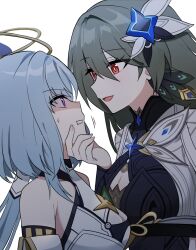 Rule 34 | 2girls, assertive female, black dress, blue hair, breasts, cleavage, cleavage cutout, clothing cutout, detached sleeves, dress, earrings, griseo, griseo (cosmic expression), hair between eyes, hand on another&#039;s chin, height difference, highres, honkai (series), honkai impact 3rd, jewelry, large breasts, large pectorals, light blue hair, lix (iroiro3843), long hair, looking at another, medium breasts, multiple girls, open mouth, peacock feathers, pectorals, purple eyes, red hair, short hair with long locks, simple background, submission hold, sweatdrop, teasing, twintails, vita (honkai impact), white background, white dress, wrestling, yellow pupils, yuri