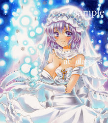 Rule 34 | 1girl, at classics, bare shoulders, blush, breasts, bridal veil, cleavage, dress, female focus, formal, gloves, hair ornament, hat, large breasts, letty whiterock, light purple hair, marker (medium), purple eyes, sample watermark, scarf, short hair, smile, solo, touhou, traditional media, veil, watermark, wedding dress, white scarf