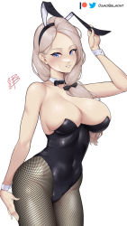Rule 34 | 1girl, alternate costume, animal ears, bare arms, bare shoulders, black bow, black bowtie, black hairband, black leotard, blue eyes, bow, bowtie, breasts, cleavage, commentary, covered navel, cowboy shot, damobelmont, detached collar, fake animal ears, fire emblem, fire emblem: three houses, fishnet pantyhose, fishnets, grey hair, grin, hair bow, hairband, highres, large breasts, leotard, long hair, looking at viewer, mercedes von martritz, nintendo, pantyhose, rabbit ears, smile, solo, standing, strapless, strapless leotard, thighs, twitter logo, wrist cuffs