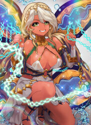 Rule 34 | 1girl, andromeda (fate), andromeda (first ascension) (fate), armlet, bare shoulders, blonde hair, braid, breasts, chain, cleavage, collar, crown braid, cuffs, dark-skinned female, dark skin, detached sleeves, dress, fate/grand order, fate (series), gold teeth, green eyes, grin, hair ornament, highres, inuyou, jaws, jewelry, large breasts, long hair, looking at viewer, low twintails, metal collar, multicolored hair, shackles, short dress, sidelocks, smile, solo, squatting, twintails, two-tone hair, water drop, white dress, white hair