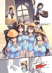 Rule 34 | 5girls, ^^^, akagi (azur lane), alternate costume, animal ears, ark royal (azur lane), atago (azur lane), azur lane, black hair, blood, blush, breasts, bursting breasts, button gap, cleavage, comic, disappointed, drill hair, embarrassed, fainted, fainting, fox ears, fox tail, hair over one eye, halloween, halloween costume, hat, heart, hm (hmongt), horns, huge breasts, kindergarten uniform, large breasts, long hair, lying, mikasa (azur lane), multiple girls, multiple tails, nosebleed, one eye closed, open mouth, ponytail, school hat, shaded face, shirt, smile, spitting, spitting blood, tail, takao (azur lane), thighhighs, tight clothes, tight shirt, trick or treat, v