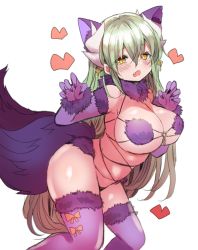 Rule 34 | 1girl, animal ears, aqua hair, breasts, cosplay, dragon girl, dragon horns, elbow gloves, fake animal ears, fake tail, fate/grand order, fate (series), fur-trimmed gloves, fur-trimmed legwear, fur collar, fur trim, gloves, halloween costume, horns, kiyohime (fate), large breasts, long hair, mamemix, mash kyrielight, mash kyrielight (dangerous beast), mash kyrielight (dangerous beast) (cosplay), multiple horns, o-ring, o-ring top, official alternate costume, purple gloves, purple legwear, revealing clothes, solo, tail, wolf ears, wolf tail, yellow eyes