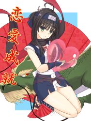 Rule 34 | 1girl, ahoge, black hair, black scarf, blue background, blue kimono, blush, breast press, breasts, bridal gauntlets, chinese zodiac, cleavage, commentary request, cross-laced footwear, curvy, dragon, eastern dragon, eyes visible through hair, floating clothes, folding fan, forehead protector, full body, green eyes, hair between eyes, hand fan, heart, highres, hitachi mako, holding, holding heart, japanese clothes, kimono, large breasts, looking at viewer, ninja, no socks, parted lips, red scarf, sandals, sash, scarf, seiza, senren banka, shirayamakoma, short hair with long locks, short kimono, short ponytail, simple background, sitting, sleeveless, sleeveless kimono, solo, straight hair, thighs, toes, tsurime, two-tone scarf, white background, white sash, year of the dragon