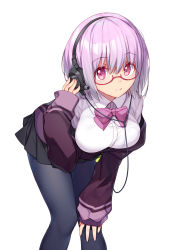 Rule 34 | 1girl, bent over, bison cangshu, black pantyhose, black skirt, bow, bowtie, breasts, cable, collared shirt, glasses, gridman universe, hand on own knee, hand up, headphones, highres, jacket, large breasts, light purple hair, long sleeves, looking at viewer, miniskirt, off shoulder, open clothes, open jacket, pantyhose, pink-framed eyewear, pink eyes, purple jacket, school uniform, semi-rimless eyewear, shinjou akane, shirt, short hair, simple background, skirt, smile, solo, ssss.gridman, standing, white background, white shirt