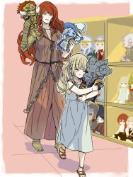 Rule 34 | 1boy, 1girl, armlet, bare shoulders, blonde hair, blunt bangs, blush, braid, brother and sister, brown dress, character doll, closed eyes, dress, elden ring, godfrey first elden lord, highres, holding, holding stuffed toy, holding toy, indoors, long hair, malenia blade of miquella, margit the fell omen, mechanical arms, mechanical legs, miquella (elden ring), mohg lord of blood, hugging object, oi kamenoko, prosthesis, prosthetic arm, prosthetic leg, queen marika the eternal, radagon of the golden order, ranni the witch, red hair, rennala queen of the full moon, rykard lord of blasphemy, sandals, siblings, side braid, single mechanical arm, sleeveless, starscourge radahn, stuffed toy, sweatdrop, swept bangs, toy, tunic, twins, very long hair, wavy hair, yellow eyes