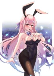 Rule 34 | 1girl, absurdres, animal ears, black leotard, black pantyhose, blue bow, blue bowtie, bow, bowtie, chocolate, cowboy shot, detached collar, hand on own chest, highres, leotard, mouth hold, nekoha gc, original, pantyhose, pink hair, playboy bunny, rabbit ears, rabbit tail, red eyes, solo, standing, strapless, strapless leotard, tail, wrist cuffs