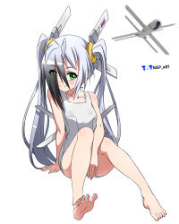 Rule 34 | 1girl, absurdres, antenna hair, barefoot, eyes visible through hair, feet, green eyes, hair over one eye, highres, mecha musume, military, nisp art, one-piece swimsuit, original, personification, russian army, russian flag, soles, spread toes, swimsuit, toes, twintails, uav, watermark, white hair, white swimsuit, zala lancet