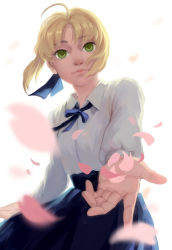 Rule 34 | 1girl, absurdres, ahoge, artoria pendragon (fate), blonde hair, cherry blossoms, fate/stay night, fate (series), green eyes, highres, outstretched hand, petals, raised eyebrows, saber (fate), senho qianbu, skirt, solo