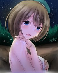 Rule 34 | 10s, 1girl, beret, blasowa, blue eyes, breasts, brown hair, commentary request, dated, eyebrows, hair ornament, hat, kantai collection, large breasts, looking at viewer, maya (kancolle), maya kai ni (kancolle), night, night sky, nude, onsen, open mouth, short hair, sky, solo, star (sky), starry sky, towel, twitter username, upper body, x hair ornament