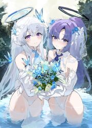 Rule 34 | 2girls, alternate costume, blue archive, bouquet, bridal veil, bug, butterfly, collared leotard, dress, flower, grey hair, hair flower, hair ornament, halo, headphones, highres, holding, holding bouquet, insect, kabedoru, long hair, mechanical halo, multiple girls, necktie, noa (blue archive), parted bangs, ponytail, purple eyes, purple hair, veil, wading, wedding dress, yuuka (blue archive)