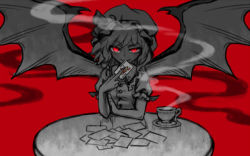 Rule 34 | 1girl, bat wings, card, cup, dress, facing viewer, frilled shirt, frilled shirt collar, frilled sleeves, frills, hat, hat ribbon, holding, joker (playing card), looking at viewer, meimaru inuchiyo, mob cap, monochrome, plate, playing card, puffy short sleeves, puffy sleeves, red background, red eyes, remilia scarlet, ribbon, ribbon trim, shirt, short hair, short sleeves, smile, solo, spread wings, steam, table, teacup, touhou, wings