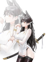 Rule 34 | 1girl, absurdres, aiguillette, animal ear fluff, animal ears, arm under breasts, atago (azur lane), azur lane, black hair, black panties, black thighhighs, blush, breasts, buttons, closed mouth, commentary, cowboy shot, dog ears, extra ears, fingernails, from side, garter straps, hair between eyes, hair ribbon, hand up, highres, jacket, katana, large breasts, long fingernails, long hair, long sleeves, looking afar, medal, military uniform, miniskirt, mole, mole under eye, panties, renn 01, ribbon, sheath, sheathed, side slit, skirt, solo, sword, thighhighs, underwear, uniform, weapon, white background, white jacket, white ribbon, white skirt, yellow eyes, zoom layer