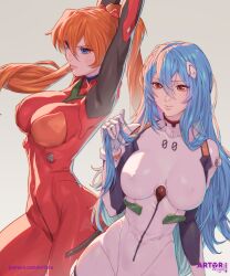 Rule 34 | 2girls, alternate breast size, arms up, artist name, arttoru, ass, ayanami rei, blue eyes, blue hair, bodysuit, breasts, brown hair, curvy, evangelion: 3.0+1.0 thrice upon a time, highres, interface headset, large breasts, long hair, looking at viewer, medium breasts, multiple girls, neon genesis evangelion, parted lips, plugsuit, rebuild of evangelion, red bodysuit, red eyes, shiny clothes, skin tight, souryuu asuka langley, twintails, two side up, very long hair