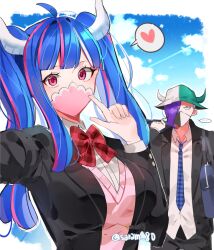 Rule 34 | 1boy, 1girl, archived source, bad id, bad twitter id, bag, black jacket, black pants, blue hair, blunt bangs, hair over one eye, hat, heart, horns, jacket, joman, looking at viewer, mask, mouth mask, multicolored hair, neck ribbon, necktie, one piece, page one (one piece), pants, pink eyes, pink hair, purple hair, red ribbon, ribbon, school bag, school uniform, shirt, sidelocks, sky, streaked hair, twintails, ulti (one piece), upper body, white shirt