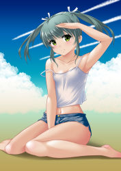 Rule 34 | 10s, 1girl, aqua hair, armpits, bare legs, barefoot, between legs, blush, breasts, camisole, cleavage, cloud, cloudy sky, collarbone, contrail, day, gradient background, green eyes, hair ornament, hair ribbon, hand between legs, highres, kantai collection, kaze makase, looking at viewer, md5 mismatch, midriff, navel, resolution mismatch, ribbon, salute, shiny skin, short shorts, shorts, sitting, sky, small breasts, solo, source larger, strap slip, twintails, zuikaku (kancolle)