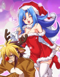 Rule 34 | 1boy, 1girl, ;d, animal costume, antlers, blonde hair, blue hair, breasts, brown hair, cleavage, dyed bangs, fur trim, hat, hino (mooncalf+t), horns, iv (yu-gi-oh!), kamishiro rio, medium breasts, multicolored hair, musical note, one eye closed, open mouth, quaver, red eyes, red nose, reindeer antlers, reindeer costume, santa costume, santa hat, sleeveless, smile, speech bubble, spoken musical note, thighhighs, two-tone hair, yu-gi-oh!, yu-gi-oh! zexal, yuu-gi-ou, yuu-gi-ou zexal, zettai ryouiki