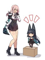 2girls :&lt; :d ^_^ animal_ears bare_legs black-framed_eyewear black_footwear black_hair black_necktie black_ribbon black_skirt blue_cape boots box breasts cape chibi closed_eyes commentary fox_ears full_body glasses high-waist_skirt high_heel_boots high_heels highres hinghoi hoshimi_miyabi large_breasts long_hair miniskirt multiple_girls neck_ribbon necktie open_mouth pantyhose pink_hair ribbon scabbard sheath shirt simple_background skirt smile standing thighs tsukishiro_yanagi very_long_hair white_background white_shirt zenless_zone_zero