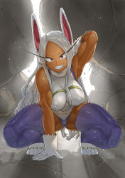 Rule 34 | 1girl, animal ears, ass, biceps, black footwear, boku no hero academia, boots, breasts, covered erect nipples, dark-skinned female, dark skin, gloves, grin, ground shatter, highleg, highleg leotard, highres, impossible clothes, impossible leotard, large breasts, leotard, long hair, looking at viewer, mirko, muscular, muscular female, parted bangs, paw shoes, rabbit ears, red eyes, short eyebrows, shosho oekaki, silver hair, sleeveless, slit pupils, smile, solo, squatting, thick thighs, thigh boots, thighhighs, thighs, white gloves, white leotard