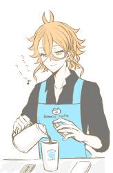 Rule 34 | 1boy, antenna hair, apron, barista, coffee pot, earrings, fire emblem, fire emblem engage, highres, holding coffee pot, jewelry, male focus, musical note, nao fe play, nintendo, orange hair, pandreo (fire emblem), solo, yellow eyes