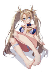 Rule 34 | 1girl, bare shoulders, barefoot, bikini, blonde hair, blue bikini, blue eyes, blush, bradamante (fate), bradamante (third ascension) (fate), braid, breasts, chovy (arina0908), cleavage, closed mouth, fate/grand order, fate (series), feet, french braid, full body, hair between eyes, hair ornament, highres, legs, long hair, looking at viewer, medium breasts, simple background, sitting, smile, solo, swimsuit, thighs, toes, twintails, two-tone bikini, very long hair, white background, white bikini