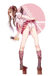 Rule 34 | 1girl, absurdres, aer (tengqiu), ass, bent over, black wings, brown eyes, brown hair, cellphone, checkered clothes, checkered skirt, clothes lift, flat ass, full body, geta, hat, hat ribbon, highres, himekaidou hatate, legs, necktie, panties, phone, pointy ears, puffy short sleeves, puffy sleeves, ribbon, shirt, short sleeves, skirt, skirt lift, solo, striped clothes, striped panties, tokin hat, touhou, twintails, underwear, upskirt, wings