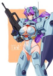 Rule 34 | 1girl, armor, assault rifle, bikini armor, breast cutout, breasts, bullpup, cannon, caseless firearm, cleavage, clothing cutout, dated, floating hair, gluteal fold, gm custom, gun, gundam, gundam 0083, helmet, hfw-gr mr82 90mm gm rifle, holding, holding gun, holding shield, holding weapon, large breasts, long hair, mecha musume, michi kuso, navel, navel cutout, pasties, personification, purple hair, radio antenna, red eyes, revealing clothes, rifle, shield, smile, solo, v-shaped eyebrows, weapon