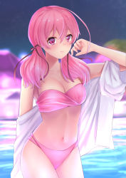 Rule 34 | .live, arm up, bikini, blurry, blurry background, breasts, cleavage, commentary request, hair between eyes, hair ornament, highres, jacket, kitakami futaba, looking at viewer, low twintails, medium breasts, medium hair, navel, pink hair, red eyes, sky, solo, swimsuit, tipo (tipoplaza), twintails, virtual youtuber