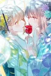Rule 34 | 2girls, blue bow, blue flower, blue kimono, blurry, blurry foreground, bow, brown hair, candy apple, commentary request, depth of field, eye contact, floral print, flower, food, hair flower, hair ornament, hairclip, highres, holding, holding food, japanese clothes, kimono, long hair, long sleeves, looking at another, misumi (macaroni), multiple girls, obi, open mouth, original, print kimono, profile, purple eyes, purple flower, sash, white kimono, wide sleeves, wind chime, yellow eyes, yellow flower