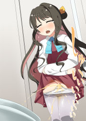 Rule 34 | 1girl, blue neckwear, blush, brown hair, closed eyes, clothes lift, dress, dress lift, embarrassed, fang, female focus, grey pantyhose, hair bun, hair ornament, hair ribbon, have to pee, indoors, jacket, japanese text, kantai collection, legs together, lifting own clothes, long hair, long sleeves, minamimachi naname, multicolored hair, naganami (kancolle), open mouth, panties, panty pull, pantyhose, peeing, peeing self, pink hair, red dress, ribbon, single hair bun, solo, stained panties, standing, tears, toilet, toilet stall, translation request, two-tone hair, underwear, wet, wet clothes, white jacket, white panties, yellow ribbon