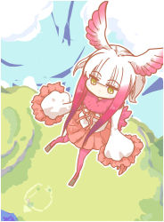 Rule 34 | 10s, 1girl, blunt bangs, feather-trimmed sleeves, flying, from above, fur collar, head wings, japanese crested ibis (kemono friends), kemono friends, long sleeves, multicolored hair, pantyhose, pleated skirt, red hair, red pantyhose, red ribbon, red skirt, ribbon, seki (red shine), skirt, solo, two-tone hair, white hair, wings, yellow eyes