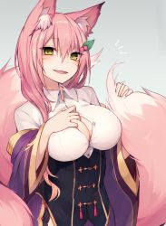 Rule 34 | 1girl, animal ear fluff, animal ears, breasts, cleavage, detached sleeves, facial mark, fang, fox ears, fox girl, fox tail, hair ornament, hand on own chest, large breasts, long hair, looking at viewer, multiple tails, muryotaro, naughty face, open clothes, open mouth, open shirt, original, pink hair, shirt, smile, solo, tail, yellow eyes