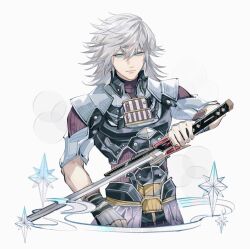Rule 34 | 1boy, arm guards, blue eyes, closed mouth, coat, highres, holding, holding sword, holding weapon, jin (xenoblade), katana, looking at viewer, male focus, medium hair, raininmoradain, short sleeves, simple background, solo, spiked hair, sword, teeth, upper teeth only, weapon, white background, white coat, white hair, xenoblade chronicles (series), xenoblade chronicles 2, xenoblade chronicles 2: torna - the golden country