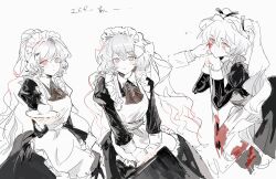 Rule 34 | 1girl, apron, ascot, blood, blood on clothes, blood on face, bow, cup, greyscale, hair bow, highres, holding, holding tray, ishmael (project moon), juliet sleeves, limbus company, long hair, long sleeves, looking at viewer, maid, maid apron, monochrome, multiple views, o tyappa, project moon, puffy sleeves, spot color, teacup, tray, twintails, very long hair