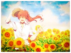 Rule 34 | 1boy, :d, ahoge, blue sky, closed eyes, cloud, collared shirt, commentary request, day, dress shirt, facing viewer, fate/grand order, fate (series), field, flower, flower field, hat, highres, holding, holding clothes, holding hat, jewelry, long hair, male focus, open mouth, outdoors, ponytail, red hair, ring, romani archaman, shirt, sky, sleeves rolled up, smile, solo, suna co, sunflower, sunflower field, unworn hat, unworn headwear, upper body, waving, white shirt, wing collar