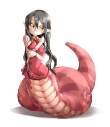Rule 34 | 1girl, bad id, bad pixiv id, black hair, blush, breasts, china dress, chinese clothes, dress, female focus, frfr, full body, lamia, long hair, monster girl, original, pointy ears, scales, simple background, snake, solo, tattoo, white background, yellow eyes