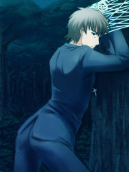 Rule 34 | 1boy, against tree, ass, bound, brown hair, command spell, cross, drawfag, entangled, fate/stay night, fate/zero, fate (series), kotomine kirei, male focus, short hair, solo, tied up (nonsexual), tree, ude