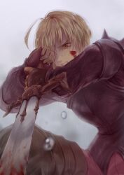 Rule 34 | 1boy, ahoge, angry, armor, black armor, blonde hair, blood, blood on face, bloody weapon, brown gloves, brown pants, final fantasy, final fantasy tactics, gloves, grey sky, harutomuruto, highres, holding, holding weapon, nose, pants, rain, ramza beoulve, shoulder armor, sky, solo, sword, tears, teeth, v-shaped eyebrows, weapon, yellow eyes